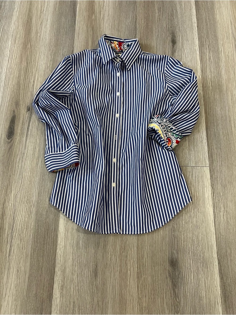 Chaps Navy and White Striped Dress Shirt with Printed Cuffs